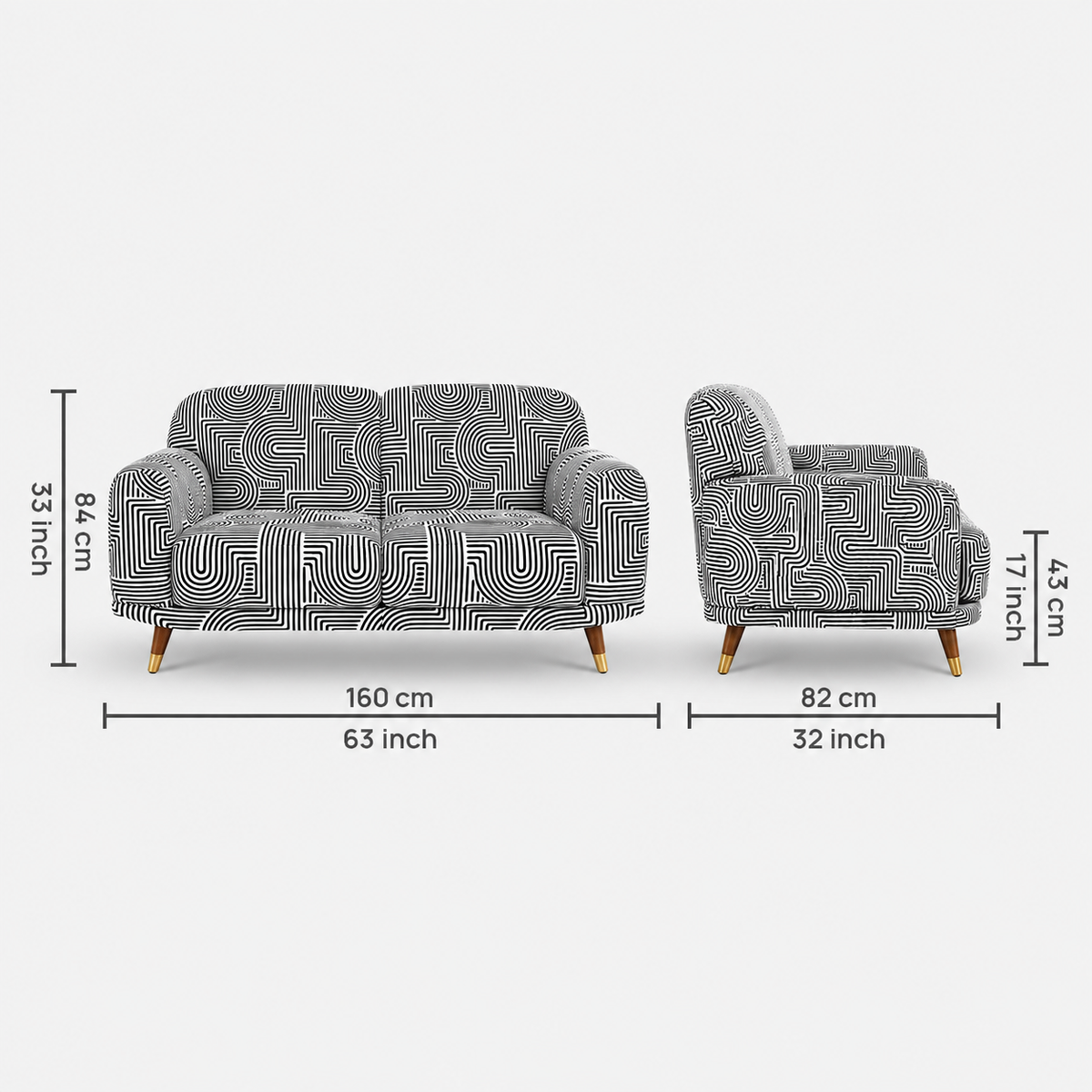Serenee Urban Maze 2 Seater Premium Polyester Upholstered Sofa in White & Black