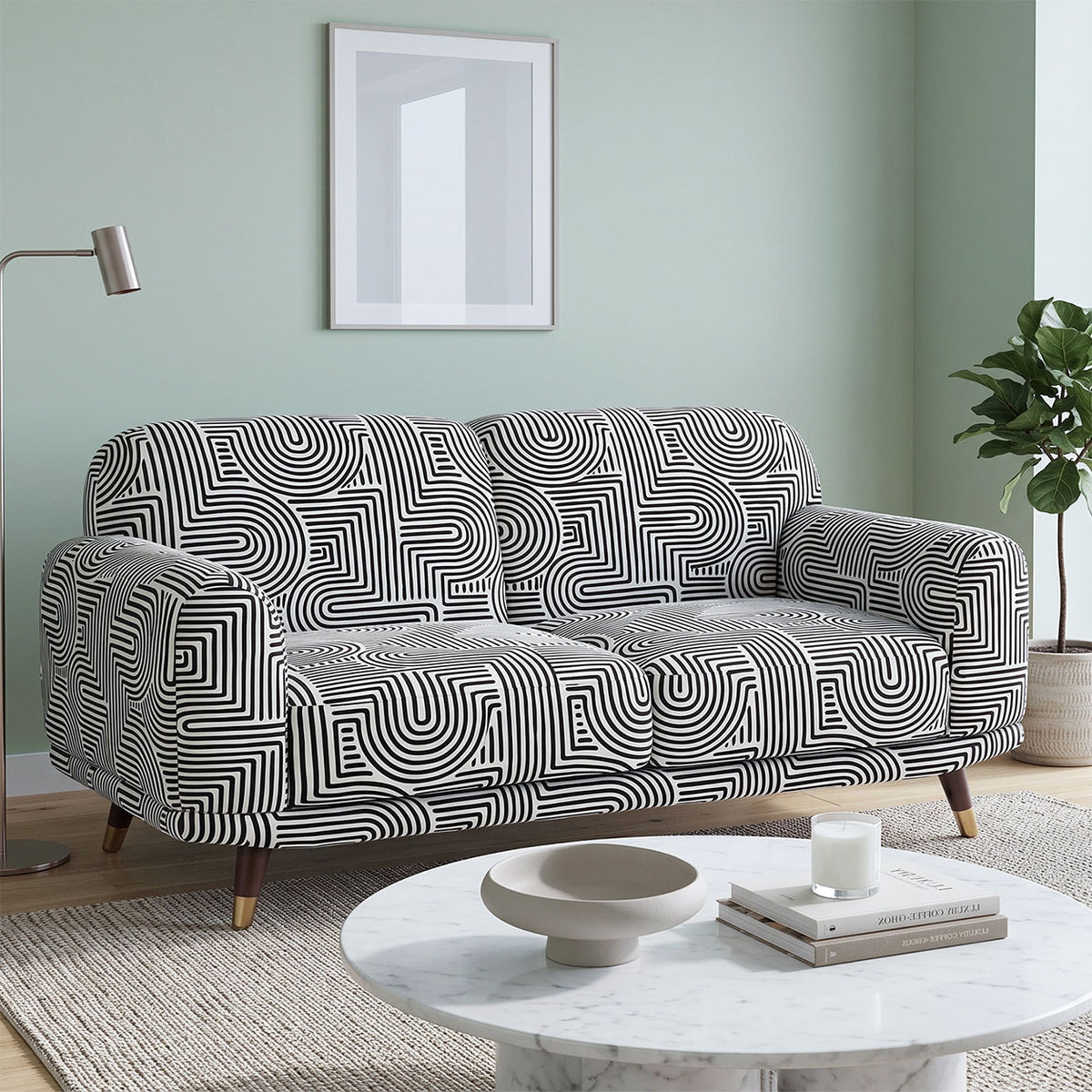 Serenee Urban Maze 2 Seater Premium Polyester Upholstered Sofa in White & Black
