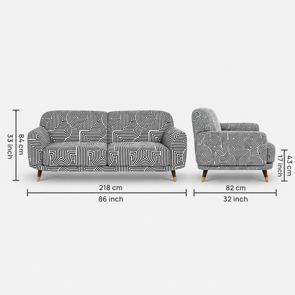 Serenee Urban Maze 3 Seater Premium Polyester Upholstered Sofa in White & Black