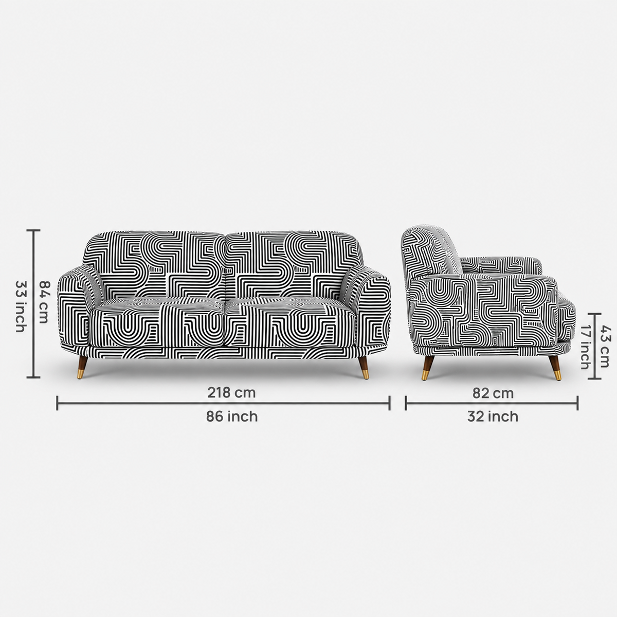 Serenee Urban Maze 3 Seater Premium Polyester Upholstered Sofa in White & Black