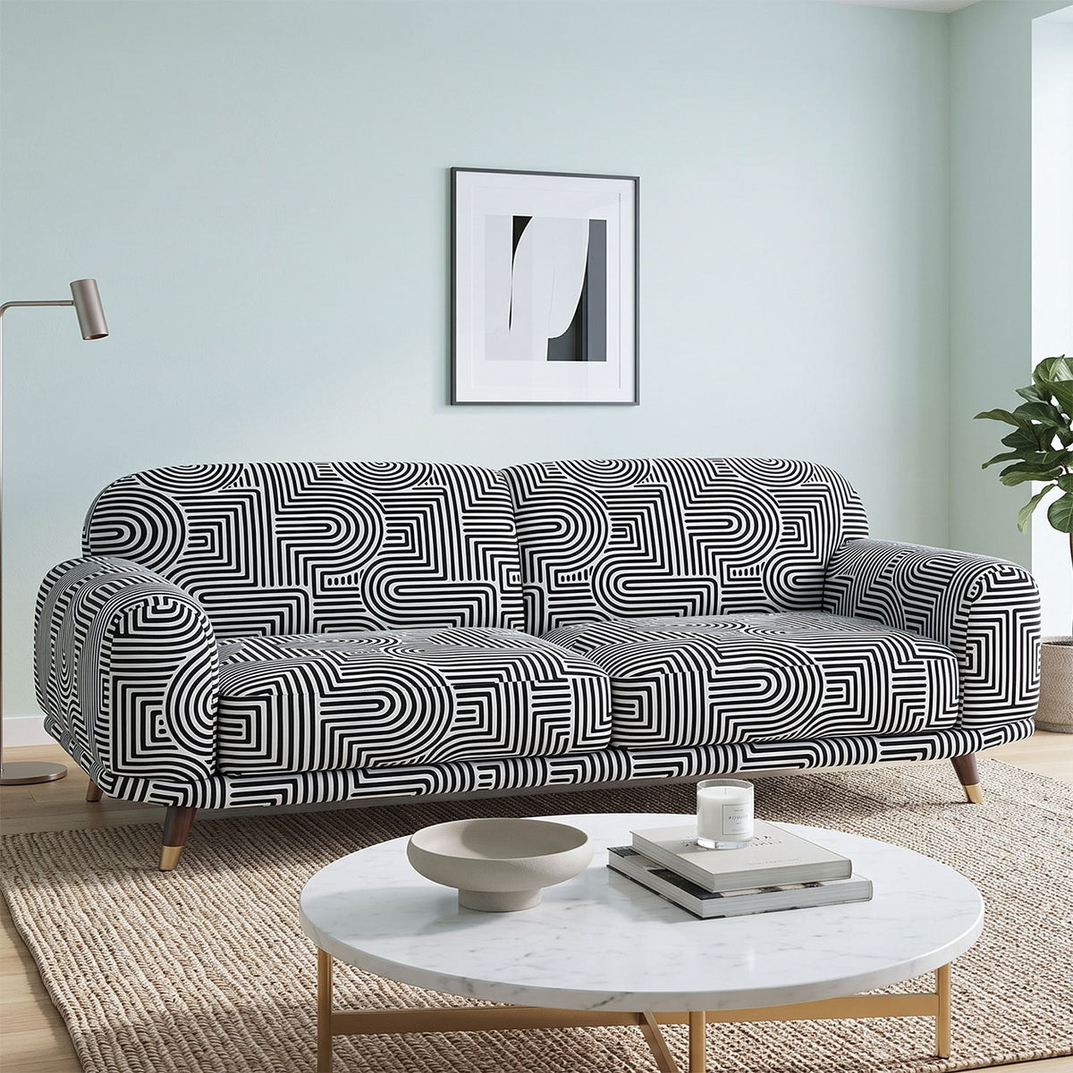 Serenee Urban Maze 3 Seater Premium Polyester Upholstered Sofa in White & Black